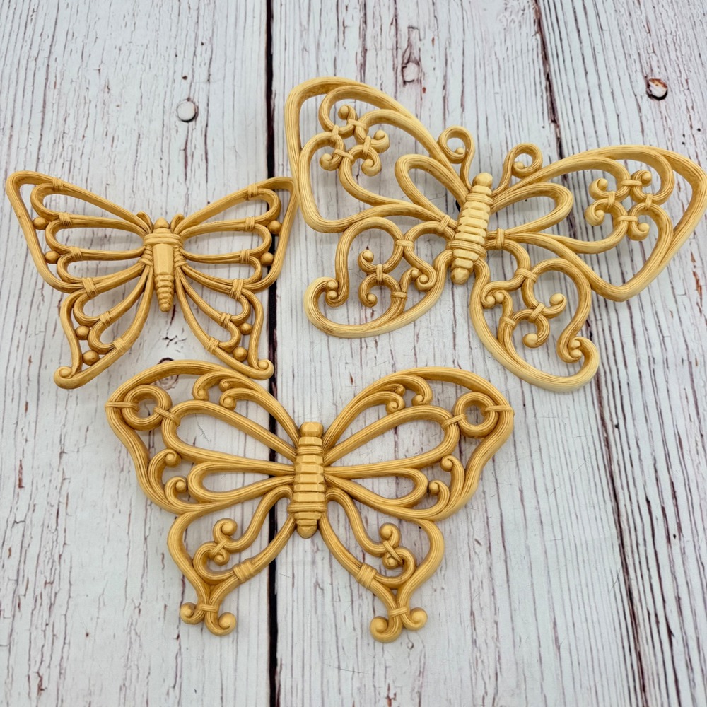 Vintage 1978 Syroco Homco Butterfly Wall Decor Set 3 Tan Faux Wicker Flw